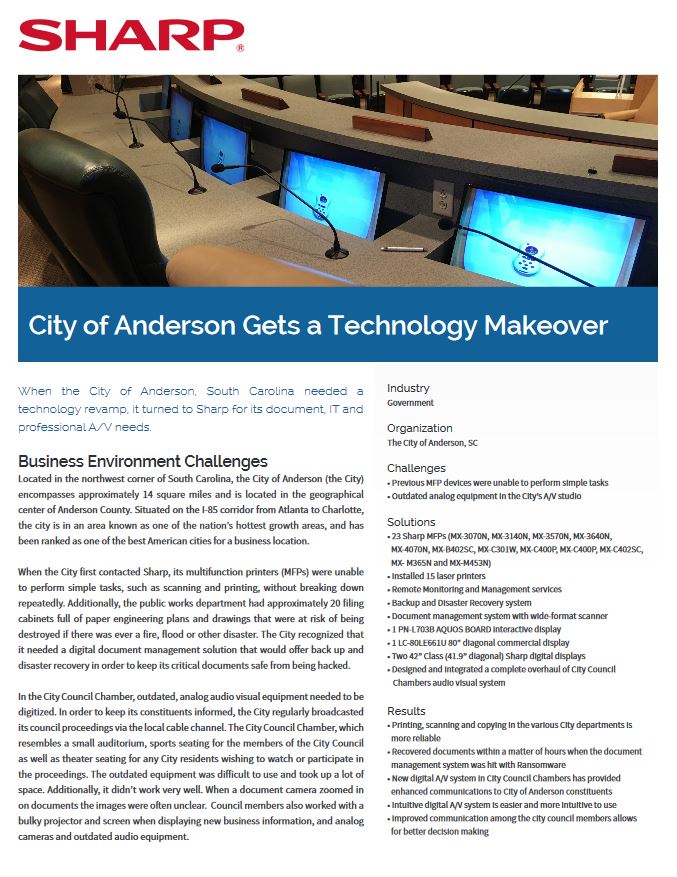 Sharp, City Of Anderson, Case Study, Specialty Business Solutions