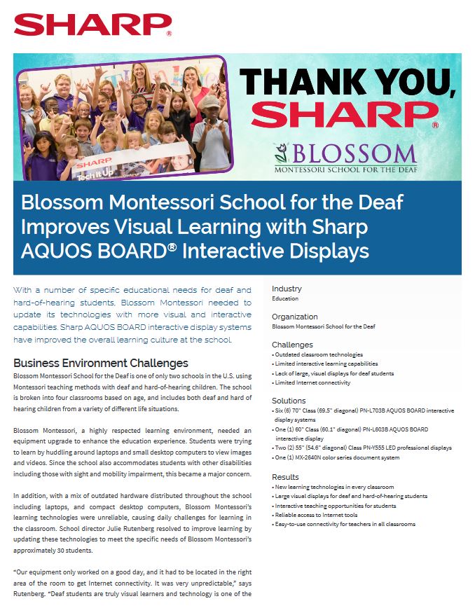 Sharp, Case Study, Blossom Montessori School For The Deaf, Aquos Board, Specialty Business Solutions