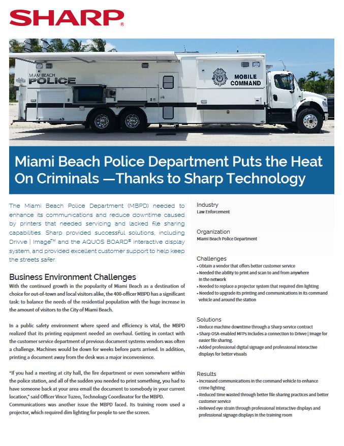Sharp, Miami Beach Police, Aquos, Specialty Business Solutions
